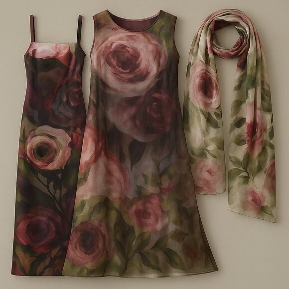 Escada Dresses & Skirts - Escada Silk 3-Piece Floral Dress Set w/ Cover & Scarf Pink Green Size 42 US 10
